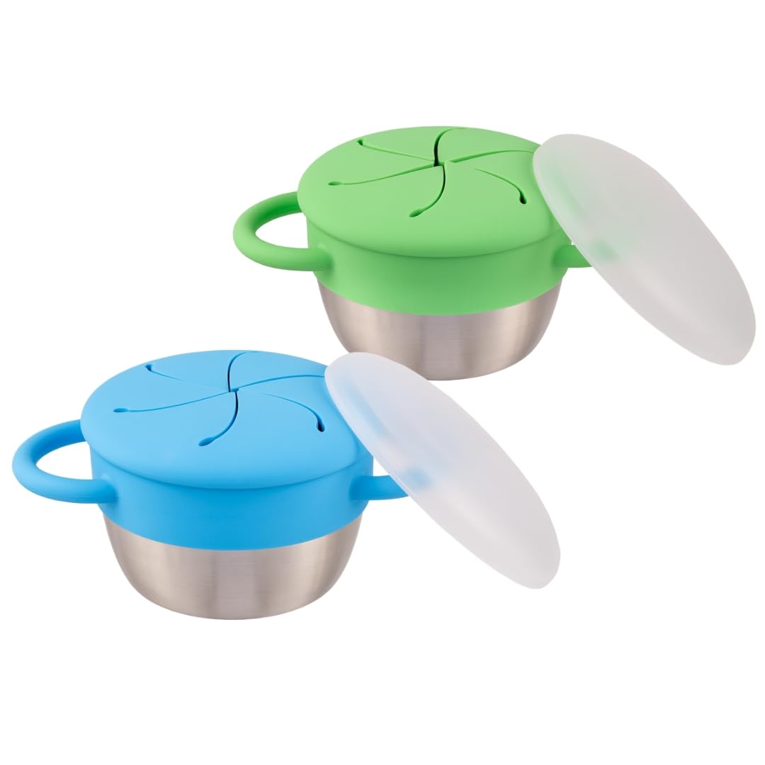 Elk and Friends Stainless Steel Snack Cups - Pack of 2 | Removable Silicone Food Catcher and Travel Lid | Spill-Proof Snack Cont