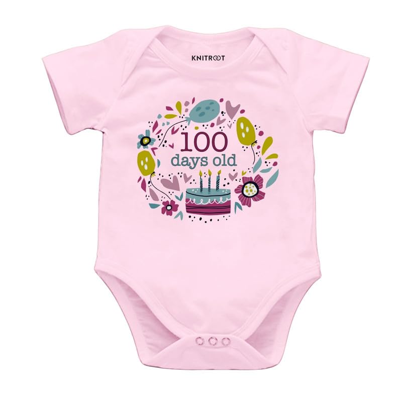 Knitroot New Born Theme, 100 Days Old, Onesies, Unisex Baby Kids Half Sleeve Cotton Lycra Pink Romper, Sleepsuit, Bodysuit, 912