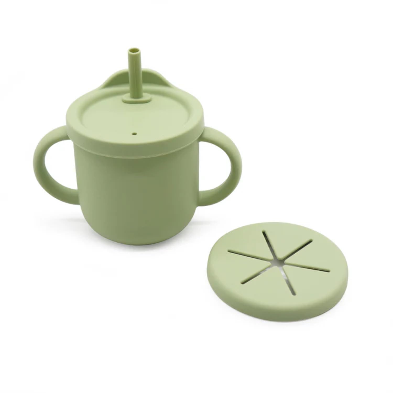 Moonkie Silicone Baby Cups With Straw And Lid For Snacks, 8.5 Oz SpillProof Sippy Cups, Training Cup For Toddlers Ages (Green 2