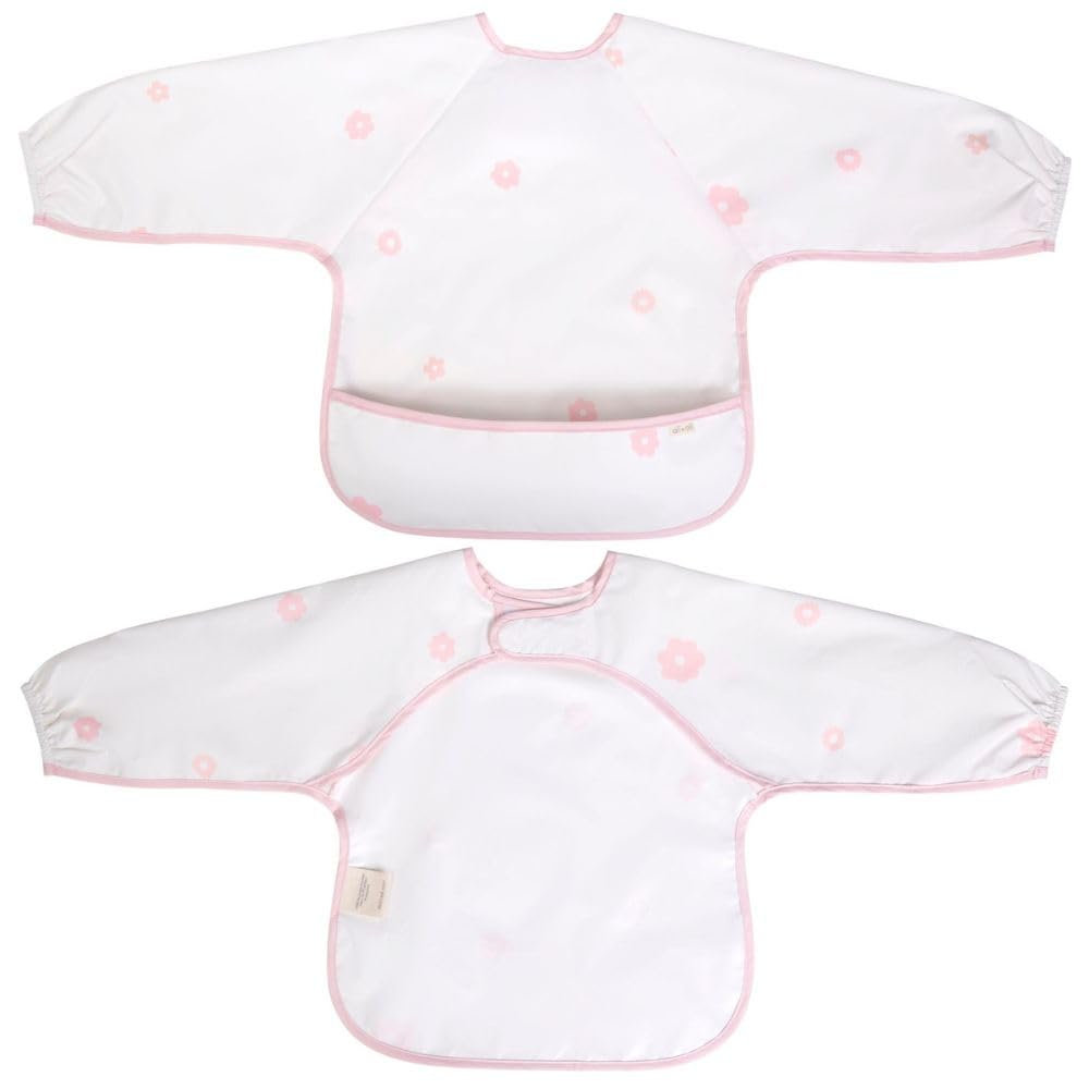 Ali+Oli Smock Bib for Baby (1-pc) Long Sleeve (Pink Flowers) BPA-Free Oeko-Tex Certified, Mess Proof Baby Bib for Eating, Waterp