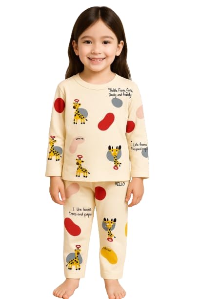 4jstar Stylish Giraffe Print Night Suit for Girls | Full Sleeve Cotton Sleepwear | Soft & Cute Pajama Set Multicolour