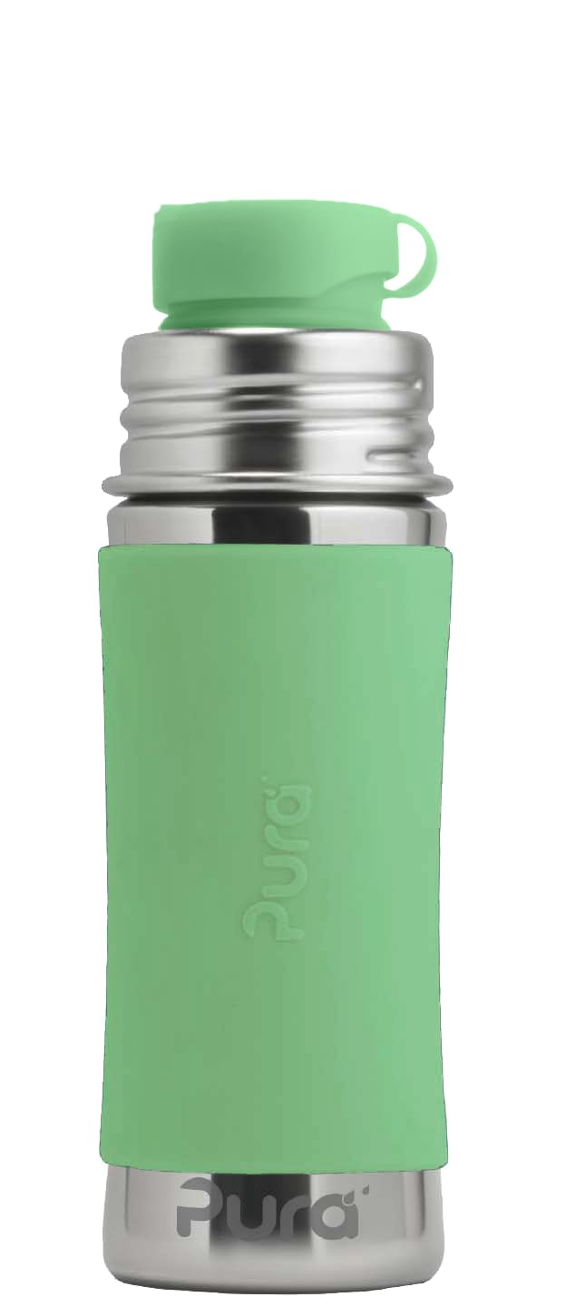 Pura Sport Mini 11Oz/325Ml Bottle W/Sleeve & Silicone Big Mouth Sport Top - Stainless Steel, Leak-Proof & Spill-Proof For Kids,