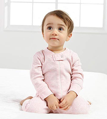 Owlivia Organic Cotton Baby Boy Girl 2 Pack Zip Up Sleep N Play, Footless, Long Sleeve (Newborn, Pink Melange+Pink Heart)