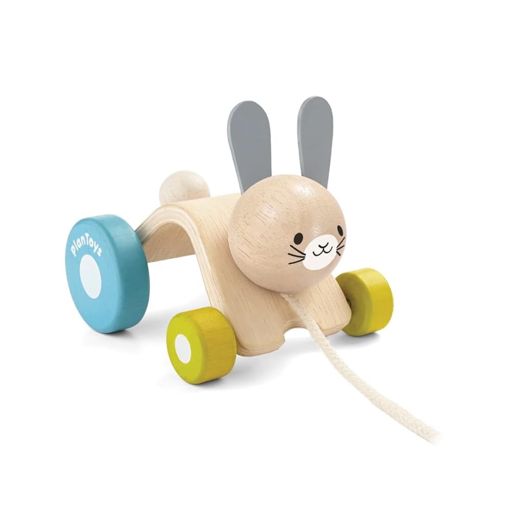PlanToys Hopping Rabbit Pull Toy - Sustainably Made from Rubberwood Featuring Organic-Pigment Coloring and Water-Based Dyes with