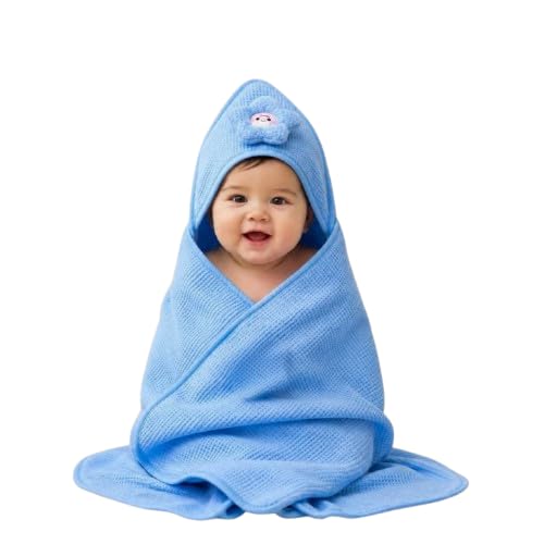 Babyholic Super Soft Hooded Baby Wrapping Blanket, Lightweight Cozy Bath and Swaddle Wrap for Newborn Boys & Girls, Blue