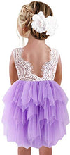 2Bunnies Girl Peony Lace Back A-Line Tiered Tutu Tulle Flower Girl Dress (Purple Sleeveless Short, 7-8Yrs)