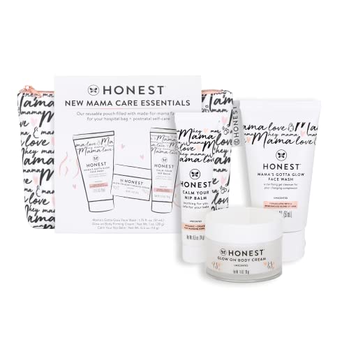 The Honest Company New Mama Care Essentials Gift Set  Hospital Bag Must Haves  Travel Size Nip Balm (0.5 Oz), Glow On Body Cream