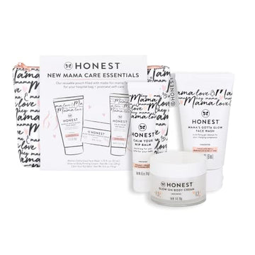 The Honest Company New Mama Care Essentials Gift Set  Hospital Bag Must Haves  Travel Size Nip Balm (0.5 Oz), Glow On Body Cream