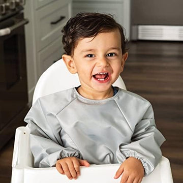 Tiny Twinkle Mess Proof Baby Bib, 2 Pack Long Sleeve Bib Outfit, Waterproof Bibs For Toddlers, Machine Washable, Tug Proof (Grey