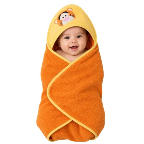 Babyholic Hooded Baby Bath Towel with Cute Animal Face, Soft Absorbent Wrapping Towel for Newborn Baby Boys & Girls, Orange