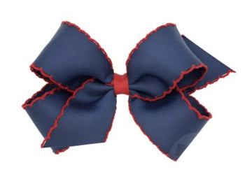 Wee Ones Girls Classic Grosgrain Moonstitch Edge Hair Bow, No-Slip Hair Clip, Handmade, Navy with Red, Medium