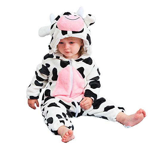 Plustrong Infant Baby Animal Costume Onesie Winter Fleece Hooded Romper Halloween Costumes For Kids(Cow ,90(12-17M)