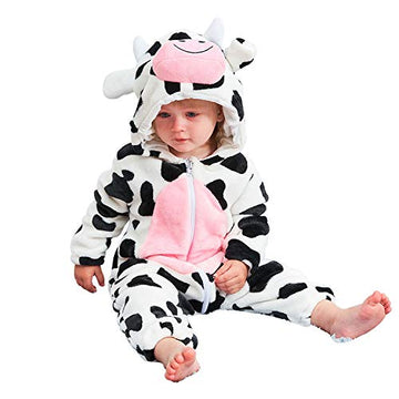 Plustrong Infant Baby Animal Costume Onesie Winter Fleece Hooded Romper Halloween Costumes For Kids(Cow ,90(12-17M)
