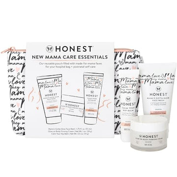 The Honest Company New Mama Care Essentials Gift Set  Hospital Bag Must Haves  Travel Size Nip Balm (0.5 Oz), Glow On Body Cream