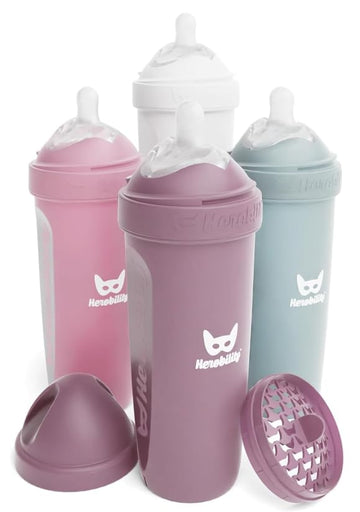 Herobility Double Anti-Colic Baby Bottles - 12 Fl Oz/340Ml - 4-Pack - Multicolor - White, Gray, Pink, Hawthorn Rose