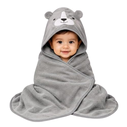 Babyholic Bear Hooded Baby Bath Towel, Plush Wraparound Drying Cape with 3D Ears for Newborns and Infants, Grey