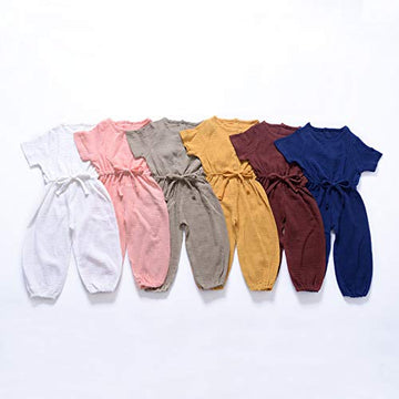 Toddler Baby Girl Summer Fall Basic Plain Short Sleeve Cotton Linen Drawstring Romper Jumpsuit (Mustard Yellow, 4-5T)