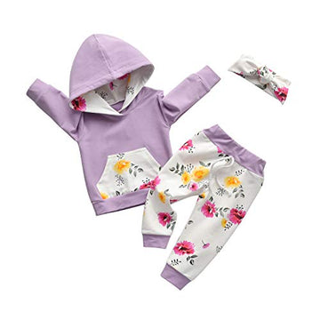 Baby Girl Clothes Long Sleeve Floral Hoodie Sweatshirt Pants With Pocket Headband Outfit Sets (12-18 Months) Purple