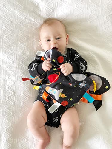 Baby Sensory, Security & Teething Closed Ribbon Tag Lovey Blanket with Minky Dot Fabric: 14X18 (Outer Space)