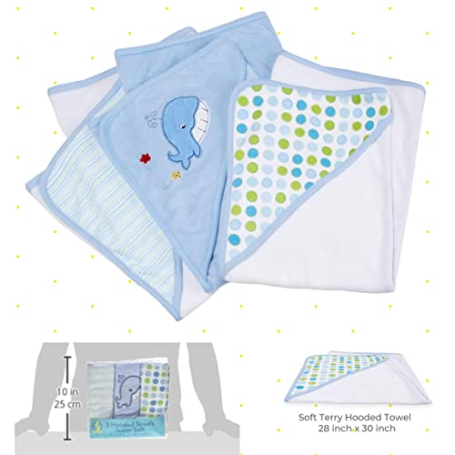 Spasilk Hooded Towel Set For Newborn Boys And Girls, Soft Terry Baby Towels, Baby Bath Essentials, Ideal, Blue Whale, Pack Of 3