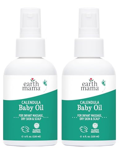 Earth Mama Calendula Baby Oil | Massage Oil For Newborn Skin Care, Dry Skin & Scalp Moisturizer, Fragrance Free, 4-Fluid Ounce (
