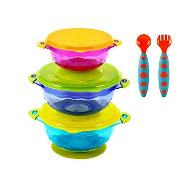 Pandaear Stay Put Spill Proof Stackable Baby Suction Bowls 3 Sizes For Toddlers With Silicone Feeding Utensils And Secure Lids B