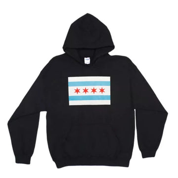 Pullover/Hooded Black Sweatshirt-Chicago Flag Large