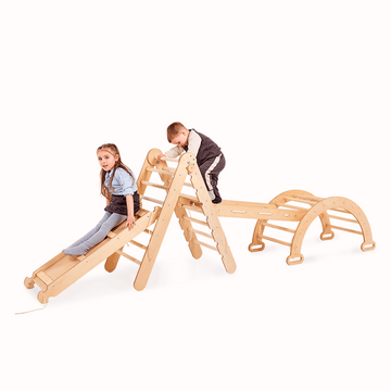 4in1 Montessori Climbing Set: Triangle Ladder + Climbing Arch + Slide Board + Net – Beige