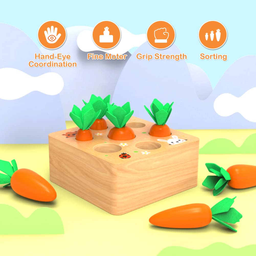 Montessoritoys for 1 Year Old, Wooden Toys Developmental Shape Sorting & Matching Puzzle Carrots Harvest Game, Birthday Gifts fo
