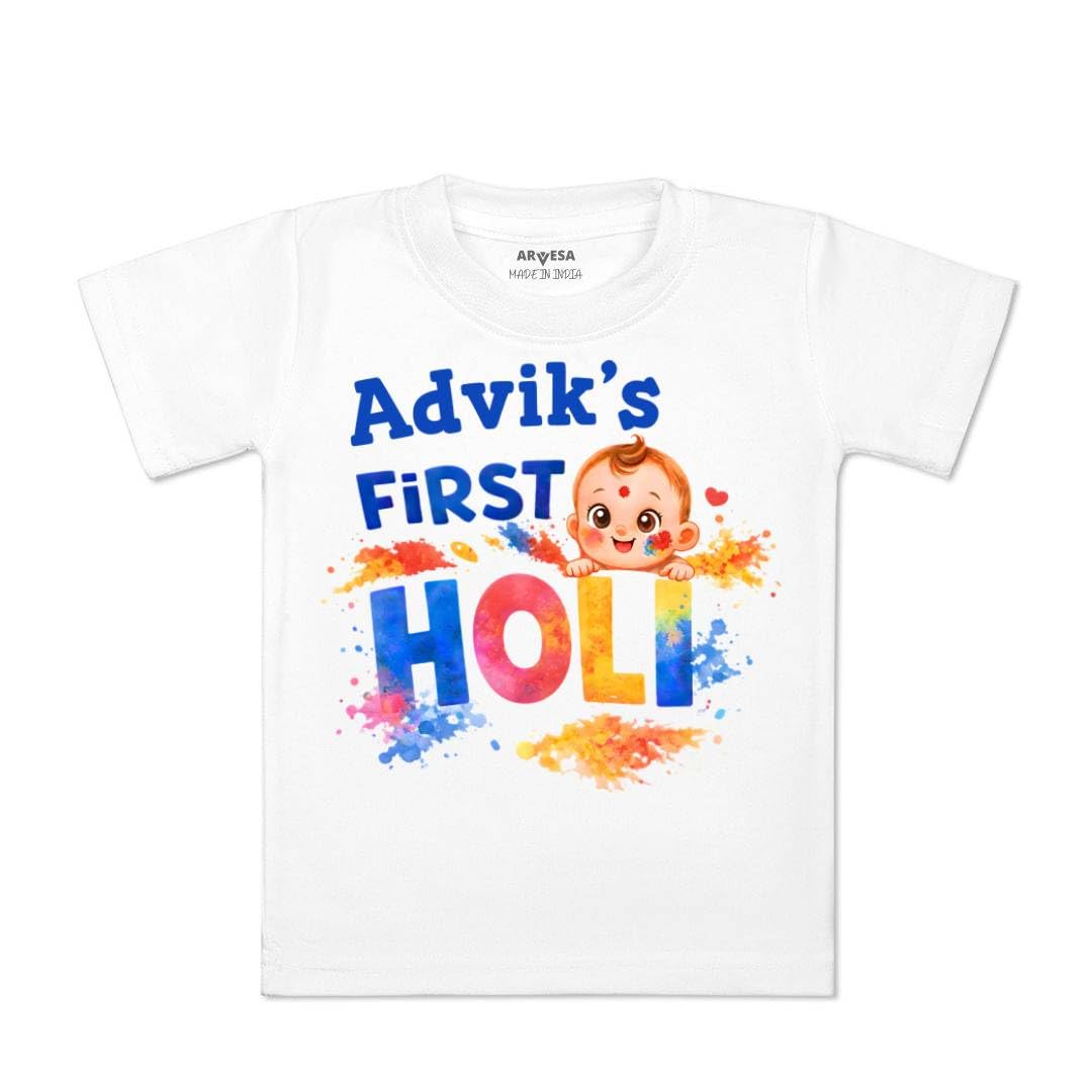 Arvesa Customised Baby Name My First Holi Baby T Shirt For Baby Boy And Baby Girl White Cotton 024 Months Design No 2122 My Fir