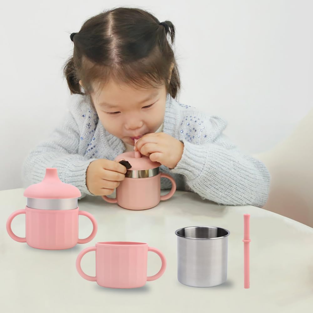 Mycoki Sp Baby Sippy Cup, Silicone Training Stainless Steel Kid Cups, Break Resistant Straw Lid Cup For Infants 6-12 Month Toddl