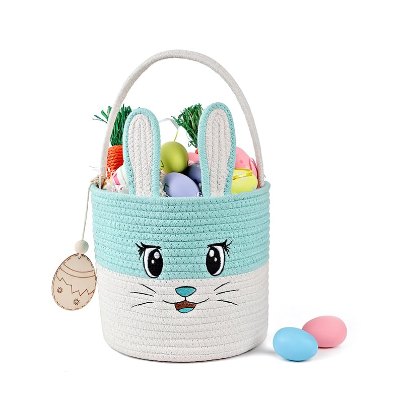 Easter Basket Cute Bunny Baskets Personalized Rabbit Bucket With Folding Handle For Egg Hunting, Embroidered Easter Bag Woven Co