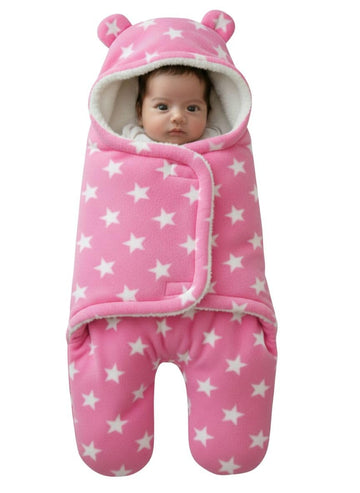 NAMAN Newborn Plush Swaddle, Hodded Blanket, Sleeping Bag, Warm and Soft Swaddle Wrap for Baby boy and Baby GirlPink_Star