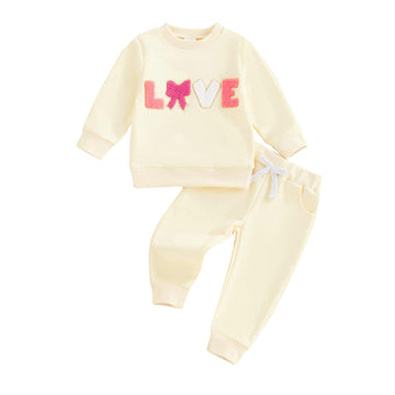 Socutebabe Baby Girl Valentines Day Outfit Bow Letter Long Sleeve Crewneck Sweatshirts Pants Fall Winter Clothes Set (Bow Letter