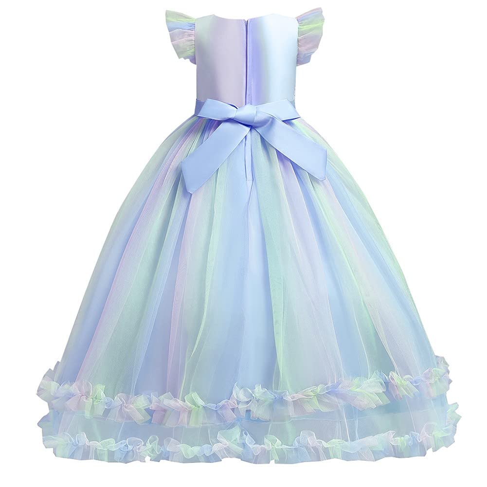 Izkizf Girls Unicorn Costume Princess Long Maxi Tulle Dress W/Headband Princess Birthday Party Halloween Cosplay Outfits Rainbow