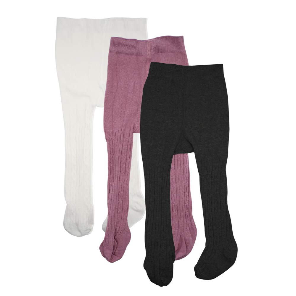 Techcity Baby Girls Tights Toddler Seamless Leggings Cable Knit Cotton Pants Stockings (Pack Of 3) (3 Pack Black White Purple, 1