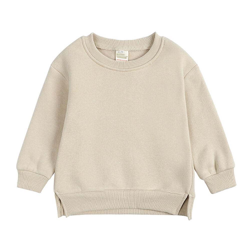Rukosu Toddler Baby Boy Girl Fleece Pullover Sweatshirt Solid Color Crewneck Blouse Shirt Tops Warm Fall Winter Clothes Apricot