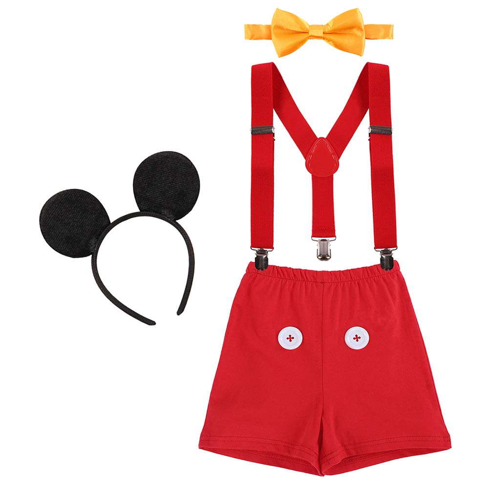 Baby Boys First Birthday Christmas Costume Cake Smash Outfits Y Back Suspenders Bloomers Bowtie Set Mouse Ear #10 Red Pants 12-1