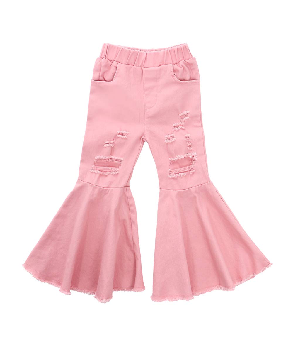 Icectr Toddler Baby Girls Kid Flared Denim Pants Ruffled Wide Legs Ripped Jeans High Waist Bell Bottoms Casual Outfit (Pink, 5-6