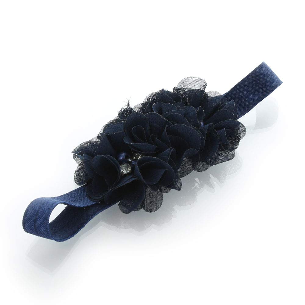 My Lello Baby Flower Headbands Fabric Beaded Trio Stretchy Elastic Pair (Navy/White)