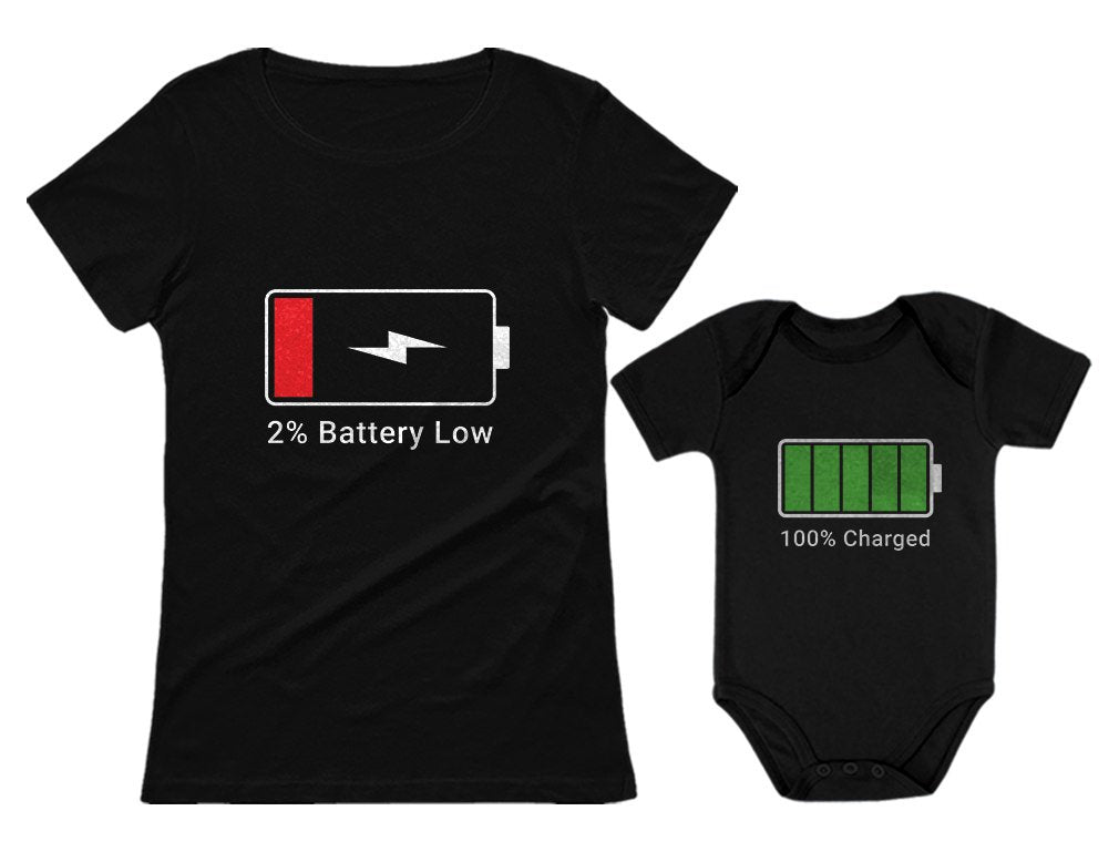 100% Charged And Low Battery Baby Bodysuit & WomenS TShirt Funny Matching Set Mom Black Small/Baby Black Newborn (03M)