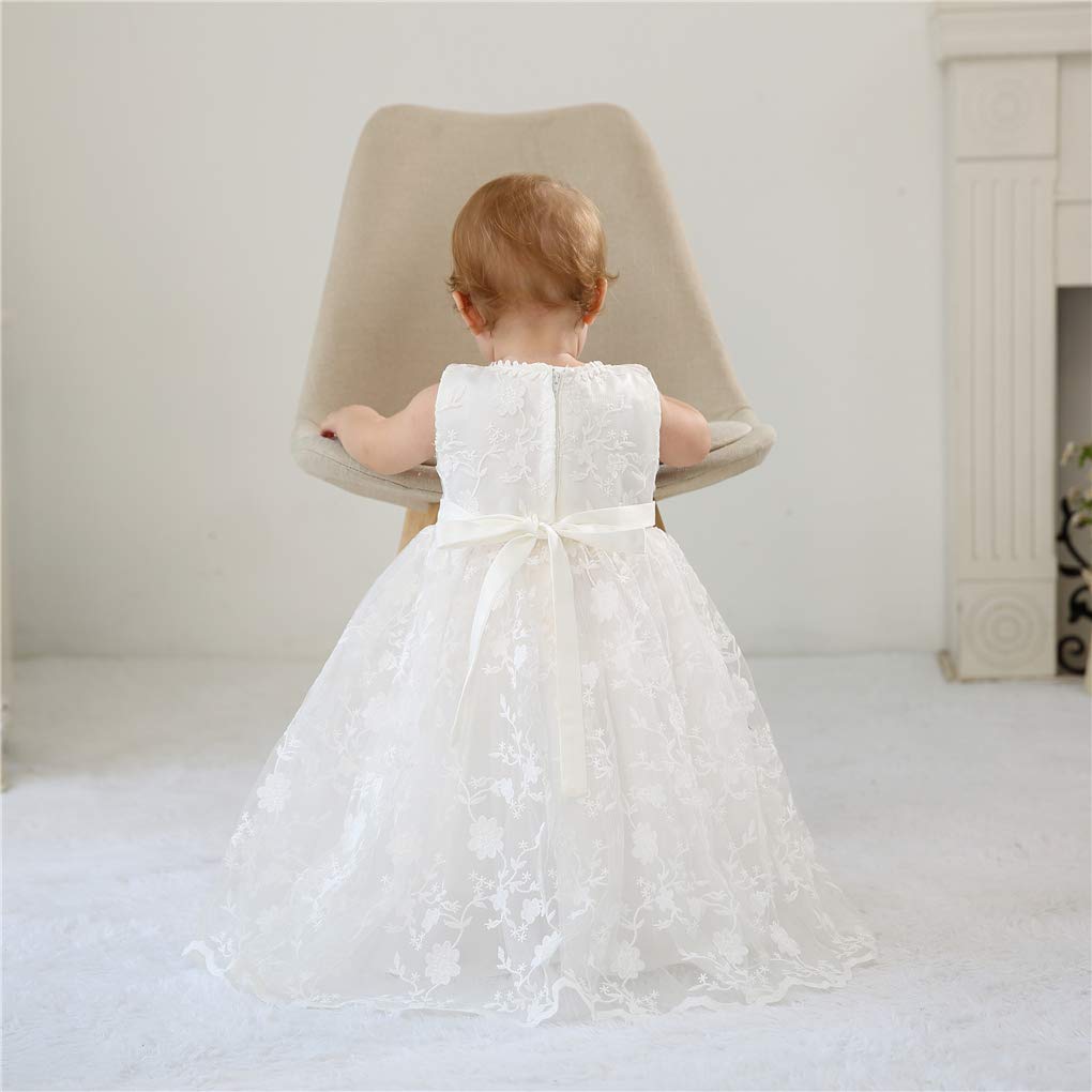 Baby Girls Floral Embroidered Overlay Sleeveless Christening Gown Baptism Tulle Dress With Bonnet Ivory Size 24M / 18-30Months