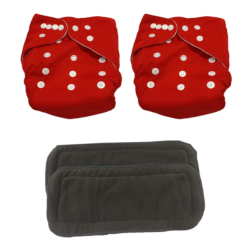 Teeny Weeny Combo Of Reusable Baby Washable Cloth Diaper Nappies With 5 Layered Baby Insert Pads (Set Of 2) (Red) (Assorted Colo