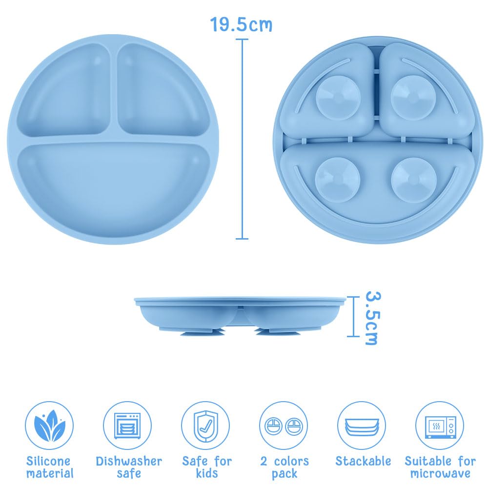 Vicloon Suction Plates, 2 Pcs Baby Toddler Plate Silicone, Bpa Free Divided Plate, Divided Plate Design,Silicone Grip Dish Micro