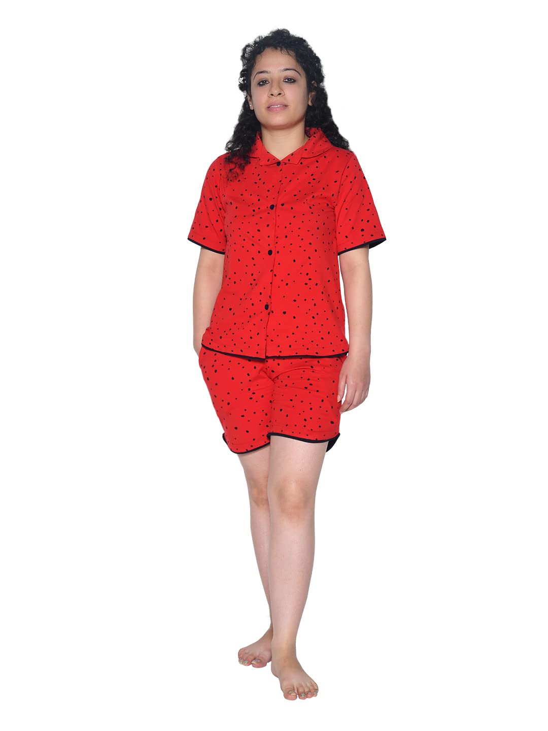 FUNKRAFTS Dots Print Nightsuit for Girls Red & Black (Size : 9 to 10 Years)
