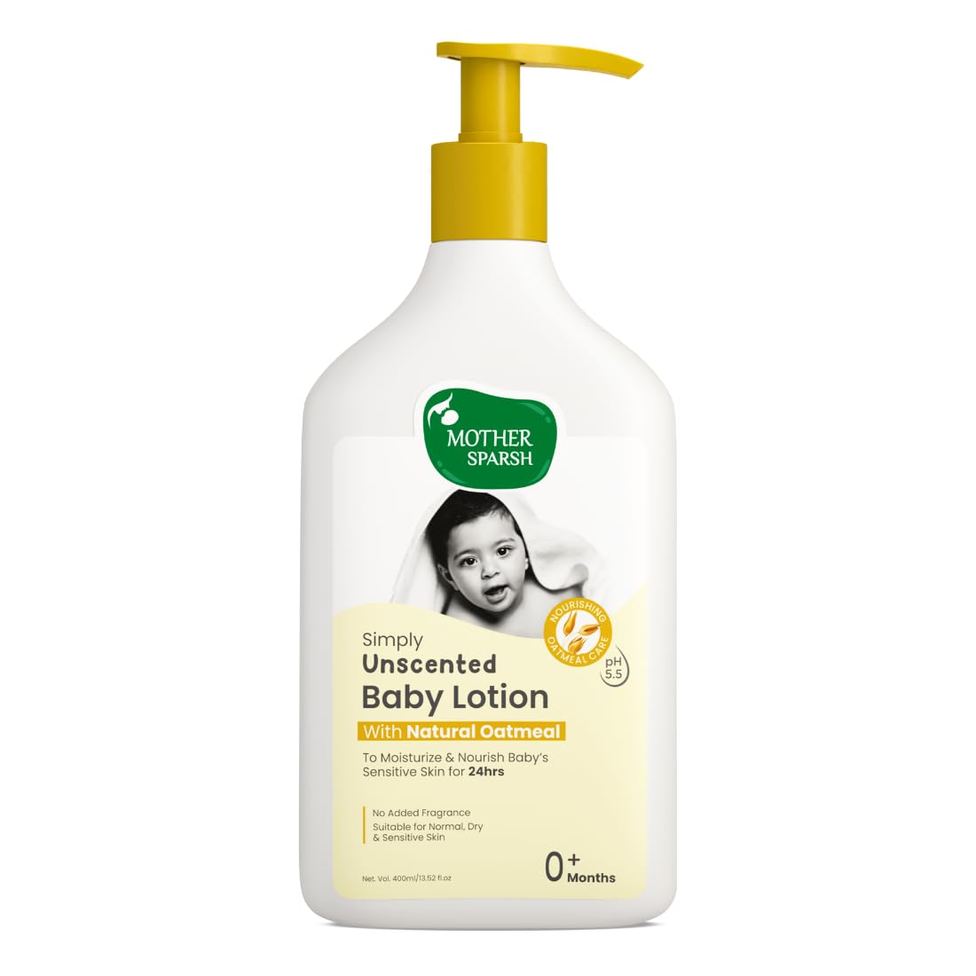Mother Sparsh Simply Unscented Baby Lotion With Natural Oatmeal- 400Ml | Fragrance Free Lotion For Babies | 24Hr Protection For 