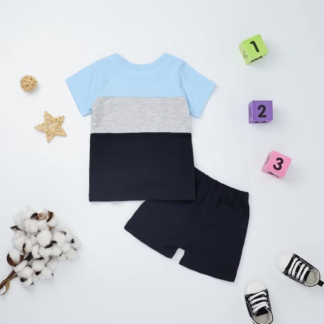 12-18 Month Boy Clothes Baby Boys Summer Outfits Short Sleeve Patchwork T-Shirt & Solid Shortsset 2 Piece, Blue Boy Set 12-18 Mo