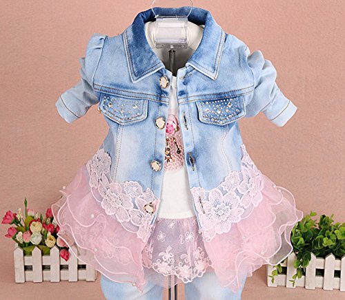 Yao Baby Girls Denim Clothing Sets 3 Pieces Sets T Shirt Denim Jacket And Jeans(Pink, 2-3 Years)