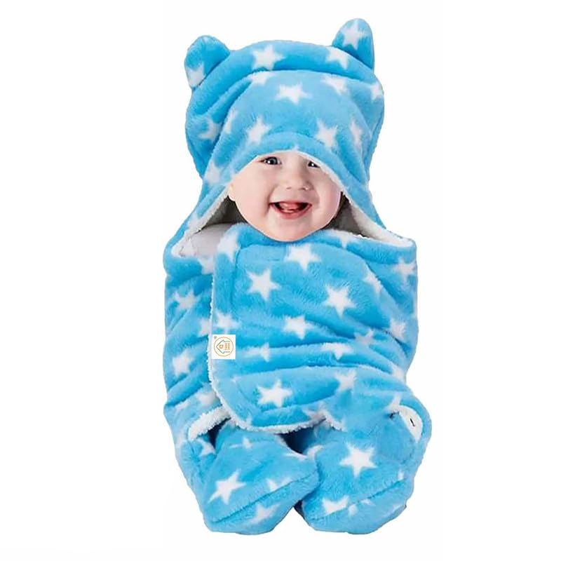 D BABY HOME Soft Fleece Baby Blanket Blue | Newborn Swaddle Wrap 10075 cm | Star Print, Ultra Cozy, Lightweight & Breathable | U