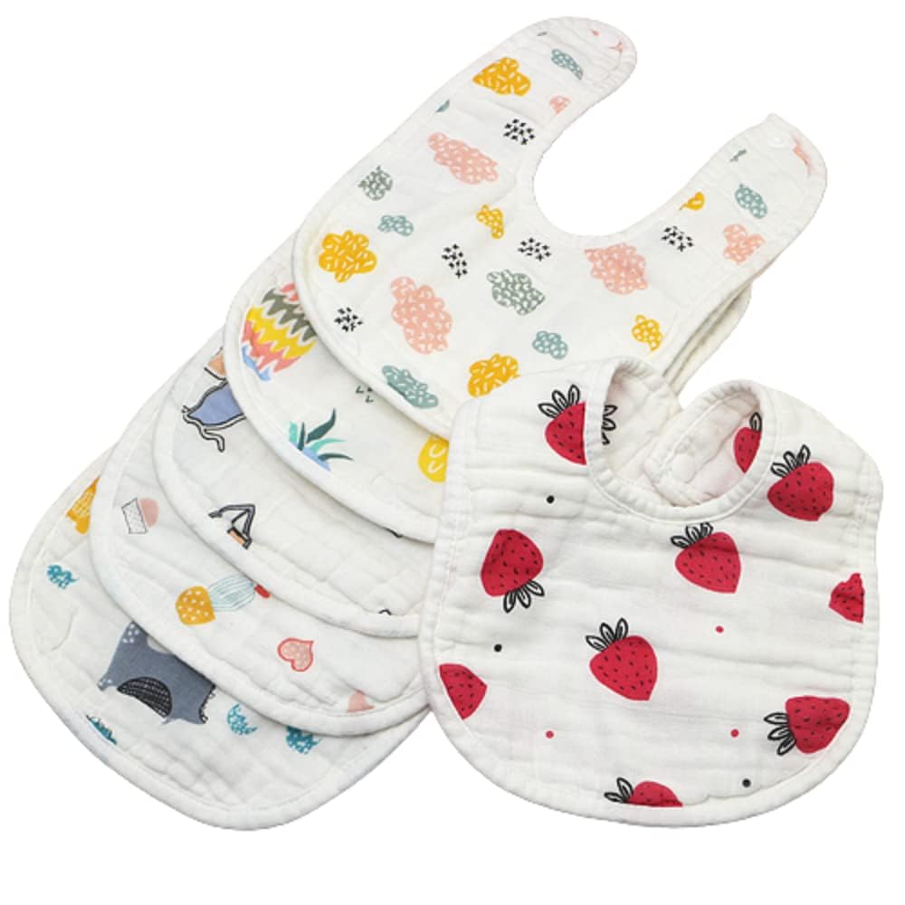 Babygo Muslin Cotton Baby Bibs & Washcloths | Super Soft 8Layer Cartoon Print Feeding Bibs & Towels, Gentle & Reusable For Newb